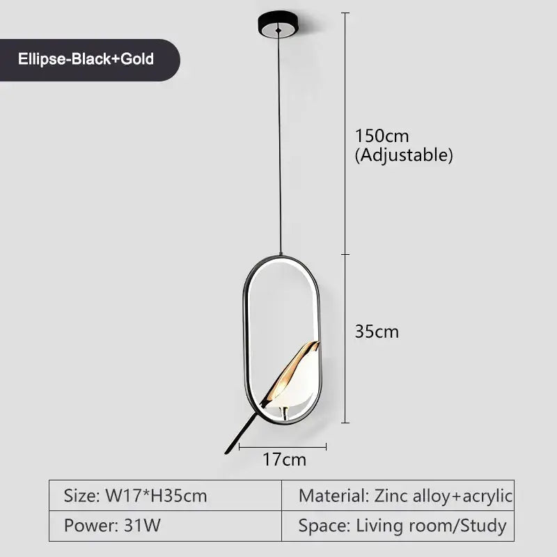 DecorBites™ led pendant lamp with black and gold ellipse design, zinc alloy frame, and acrylic glass panel for bedroom