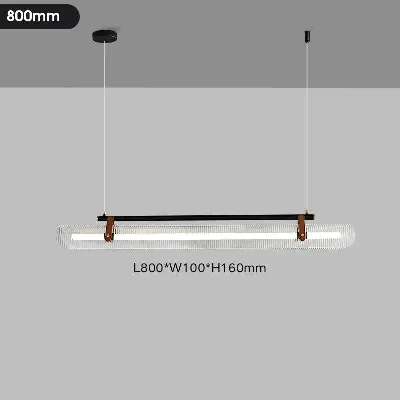 Modern rectangular decorbites led pendant lamp with black metal frame, frosted glass diffuser, and brown leather accents