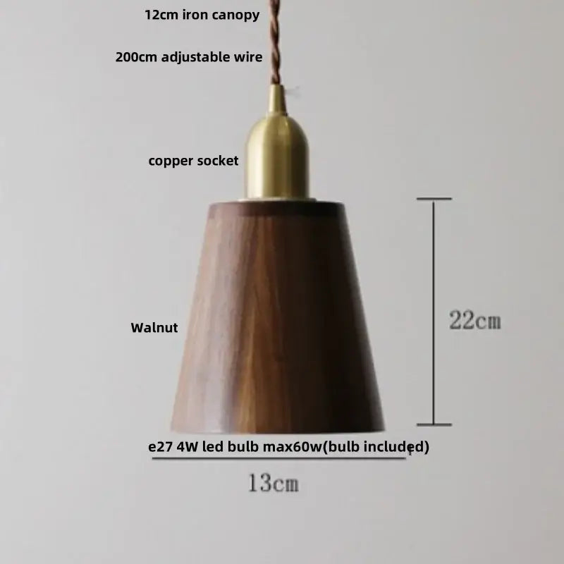 DecorBites led pendant lamp with dark walnut wood conical shade and brass copper socket in Japan style design