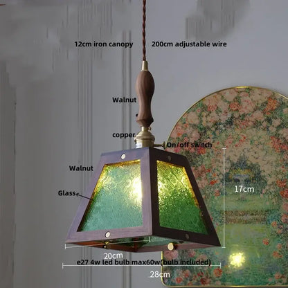 DecorBites led pendant lamp with dark walnut frame green textured glass and copper accents in adjustable hanging light