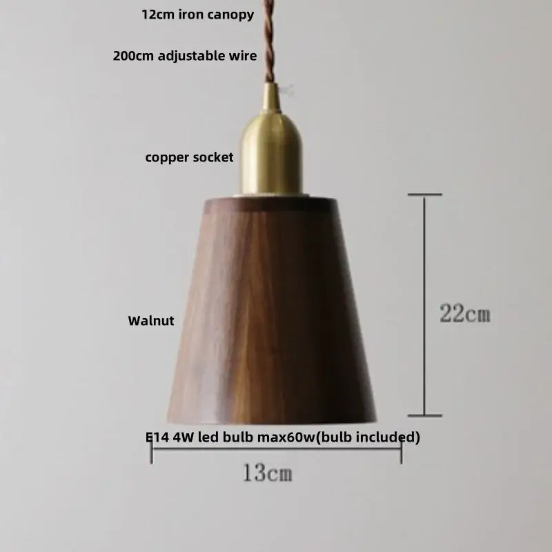 Decorbites led pendant lamp with dark walnut wood shade copper socket and adjustable wire suspension pendant light
