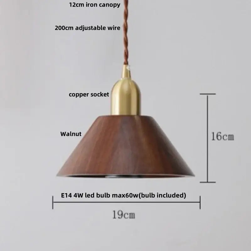 A warm-toned walnut finished decorbites led pendant lamp with a copper socket and adjustable iron canopy