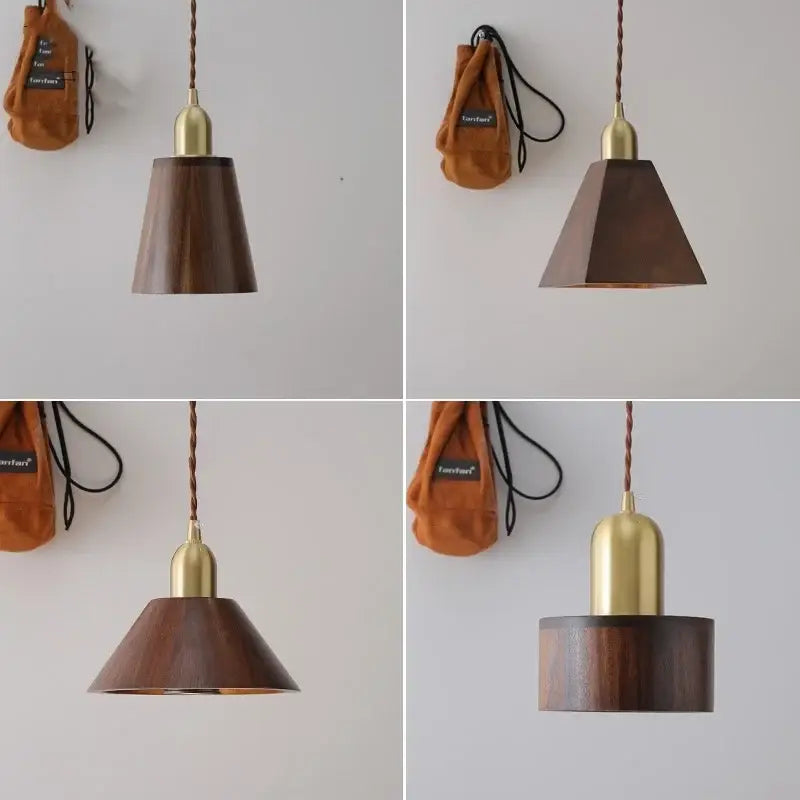 Dark wood decorbites led pendant lamp with brass accent and twisted cord japanese style adjustable hanging light