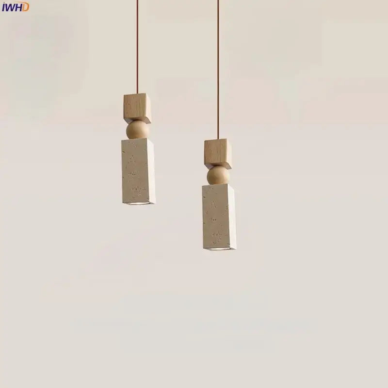 Minimalist decorbites led pendant lamp with stacked geometric shapes in yellow travertine wood and matte concrete finish
