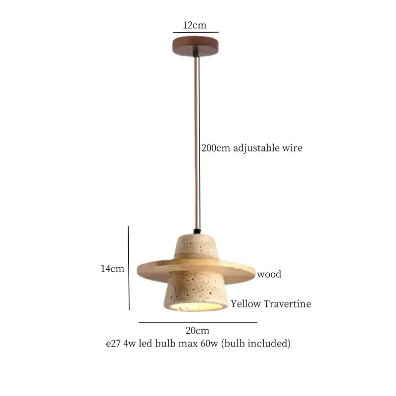 DecorBites led pendant lamp with a warm yellow travertine shade and wooden base for mid century modern decor