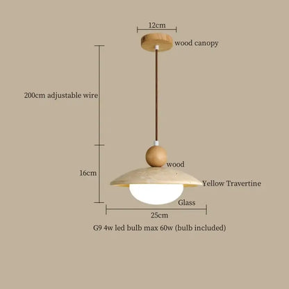 Minimalist decorbites led pendant light with warm wood canopy yellow travertine shade and adjustable wire