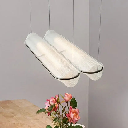 Modern decorbites led pendant lamp with translucent white mesh body and black trim hanging from thin cords for home use