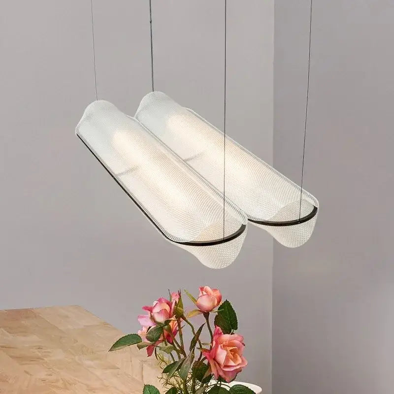 Modern decorbites led pendant lamp with translucent white mesh body and black trim hanging from thin cords for home use