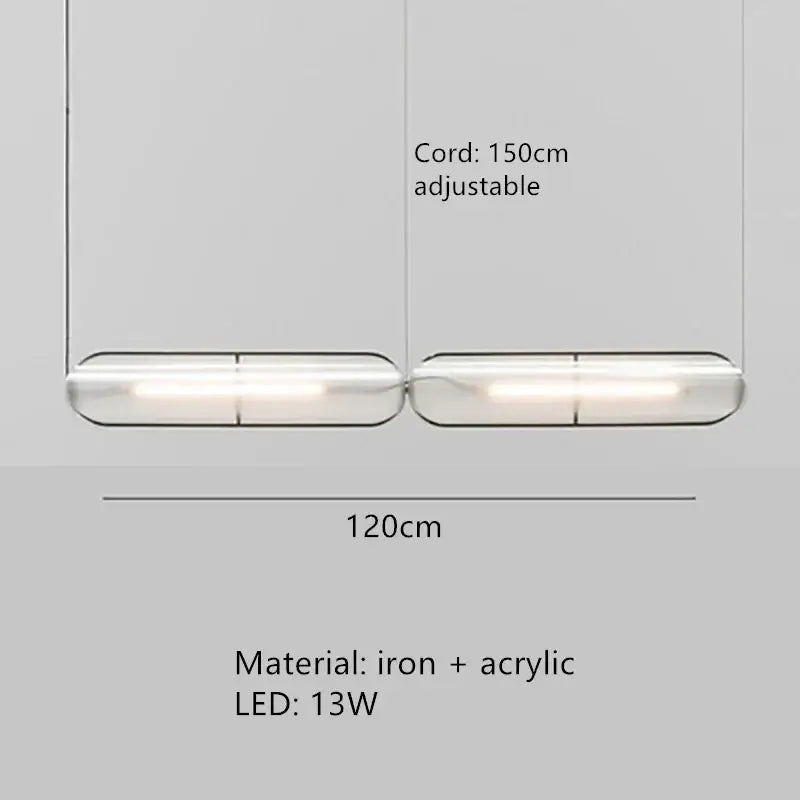 Modern minimalist decorbites led pendant with two elongated acrylic shades and adjustable iron cord for home and office lighting