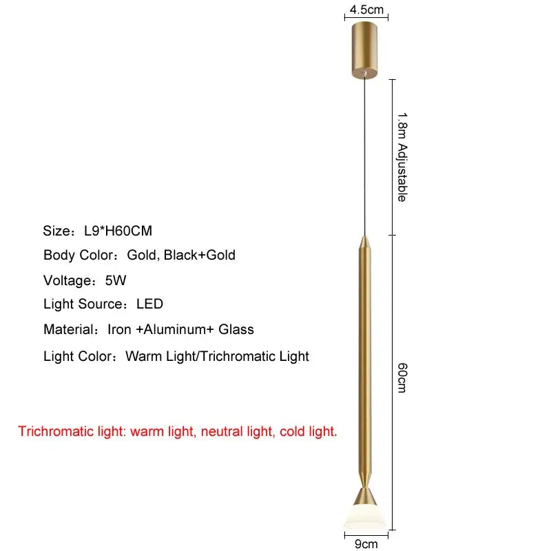 Gold-finished decorbites led pendant light with slender iron and aluminum frame and glass elements for modern interiors