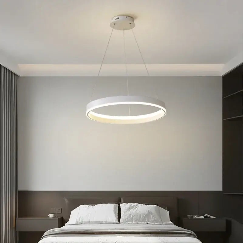 Modern white circular led pendant lamp with sleek minimalist design by DecorBites for bedroom kitchen and foyer lighting