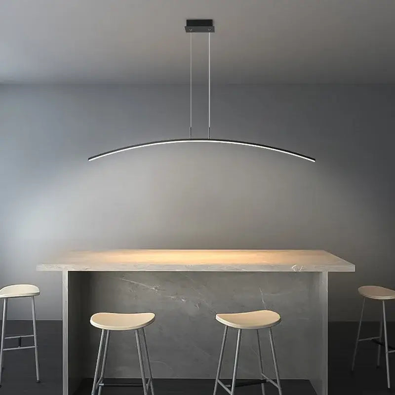 Modern minimalist DecorBites LED pendant lamp with curved warm white LED strip and black rectangular ceiling mount