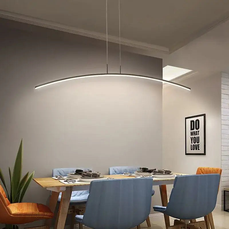 Modern curved decorbites led pendant lamp with sleek metallic frame and soft white light for office and kitchen use