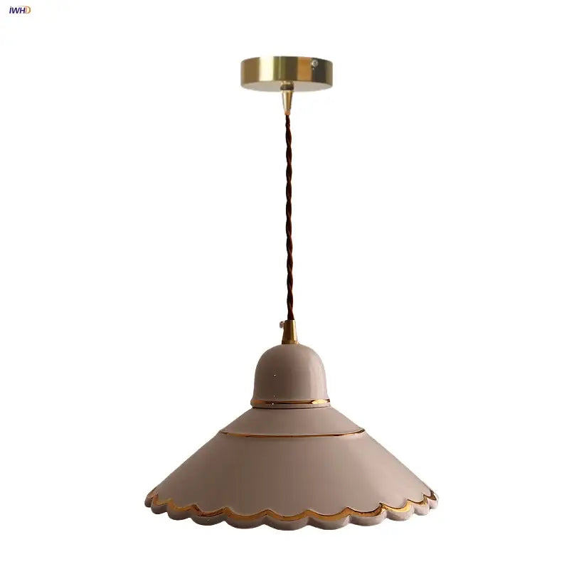 Delicate blush pink DecorBites LED pendant lamp with scalloped edge gold trim ceramic shade for modern home lighting