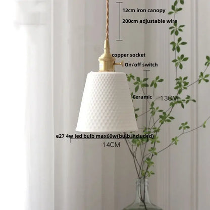 White flower ceramic pendant lamp with textured diamond pattern and brass finish by DecorBites LED pendant lamp