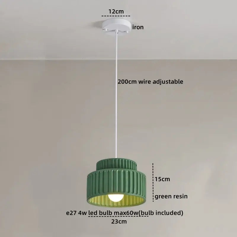 Decorbites led pendant lamp cream color green resin pendant lamp with ribbed tiered design and adjustable white wire