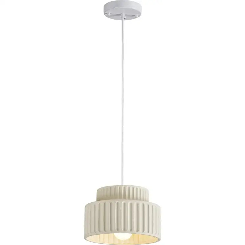 Cream-colored ceramic DecorBites LED pendant lamp with vertical ridges and white ceiling mount in Nordic modern style