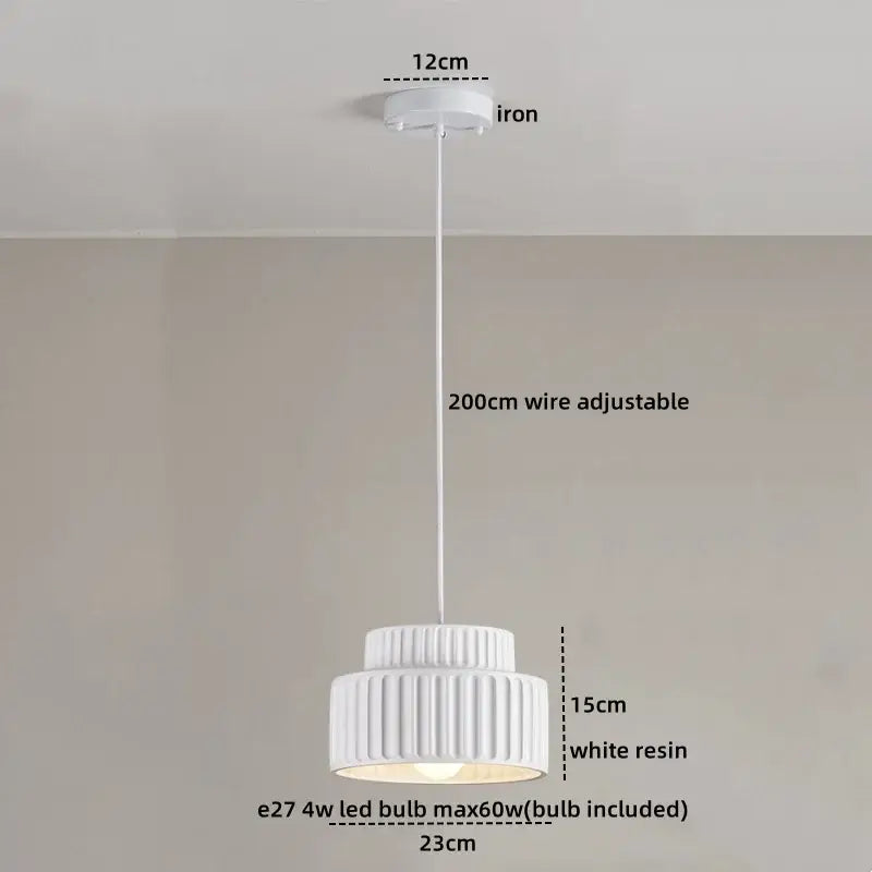 White resin decorbites led pendant lamp with ribbed tiered design and adjustable 200cm wire in cream color