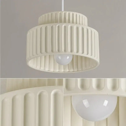 Cream-colored ceramic decorbites led pendant lamp with vertical ridged texture and rounded glass bulb for modern lighting