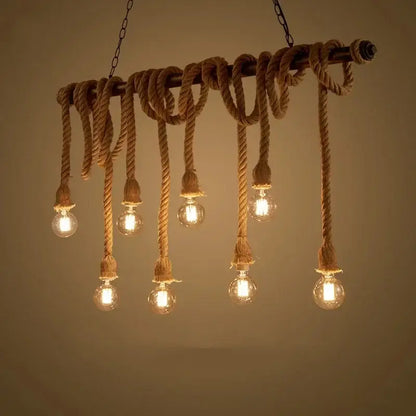 DecorBites™ LED pendant light featuring rustic retro hemp rope wrapped wooden chandelier with exposed bulbs