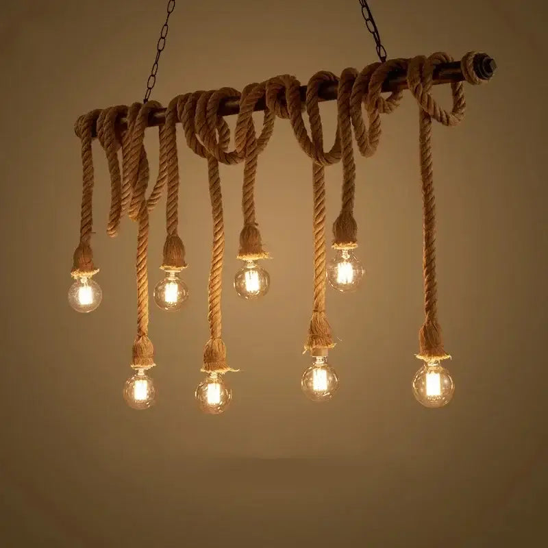 DecorBites™ LED pendant light featuring rustic retro hemp rope wrapped wooden chandelier with exposed bulbs