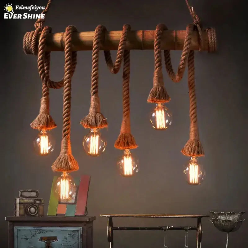 Decorbites™ led pendant light with retro hemp rope suspension, wooden beam, and glass filament bulbs in industrial style