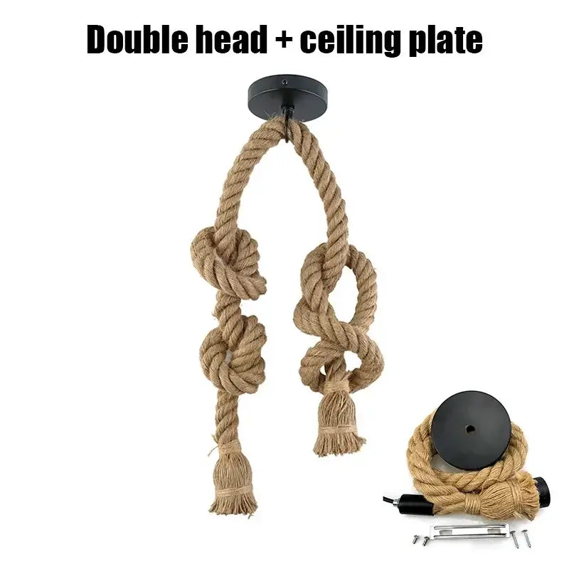 Decorbites™ led pendant light with black ceiling plate and natural beige retro hemp rope in intricate knots