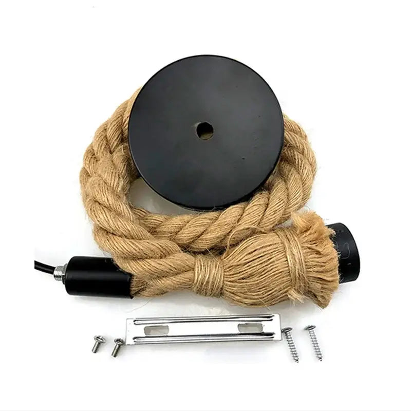 Decorbites™ led pendant light with retro hemp rope body, black circular top, and black plastic end cap for home decor