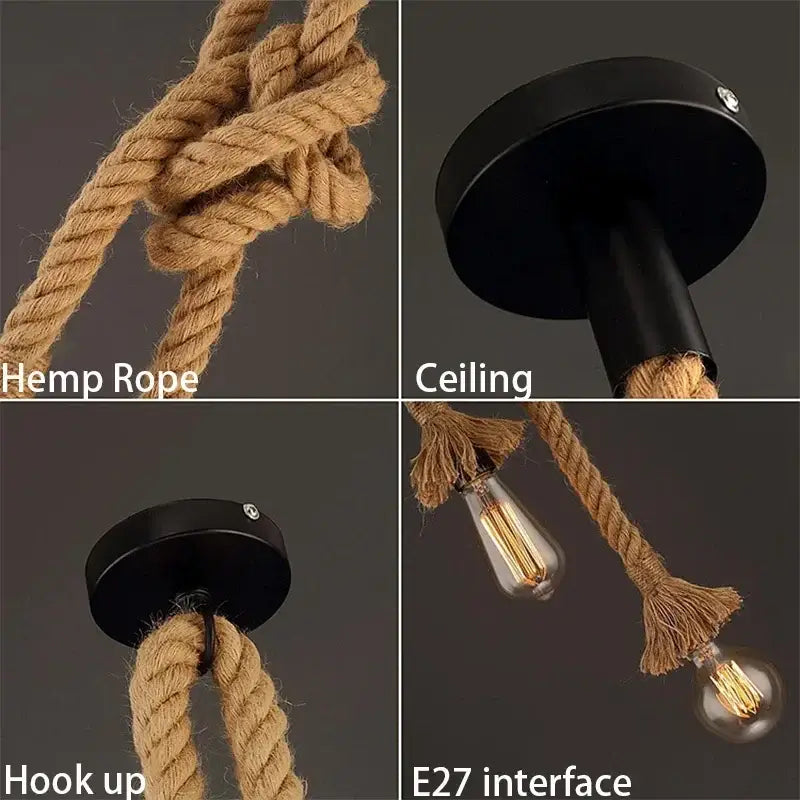 Decorbites™ industrial-style pendant light with thick beige retro hemp rope and black metal mounting hardware