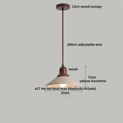 Rustic decorbites led pendant lamp with 12cm wood canopy yellow travertine shade and e27 led bulb