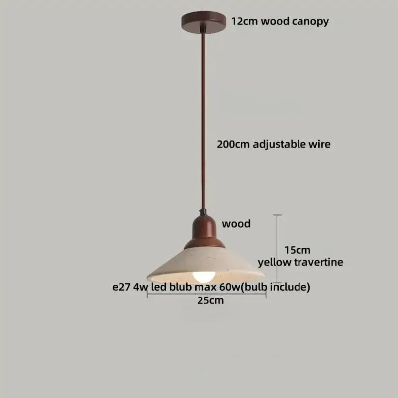 Rustic decorbites led pendant lamp with 12cm wood canopy yellow travertine shade and e27 led bulb