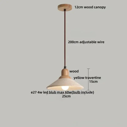 Decorbites led pendant lamp with 15cm yellow travertine shade wood accents and 12cm wooden canopy pendant lamp