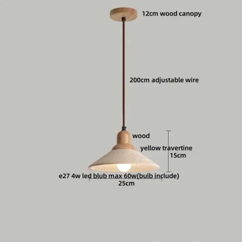 Decorbites led pendant lamp with 15cm yellow travertine shade wood accents and 12cm wooden canopy pendant lamp