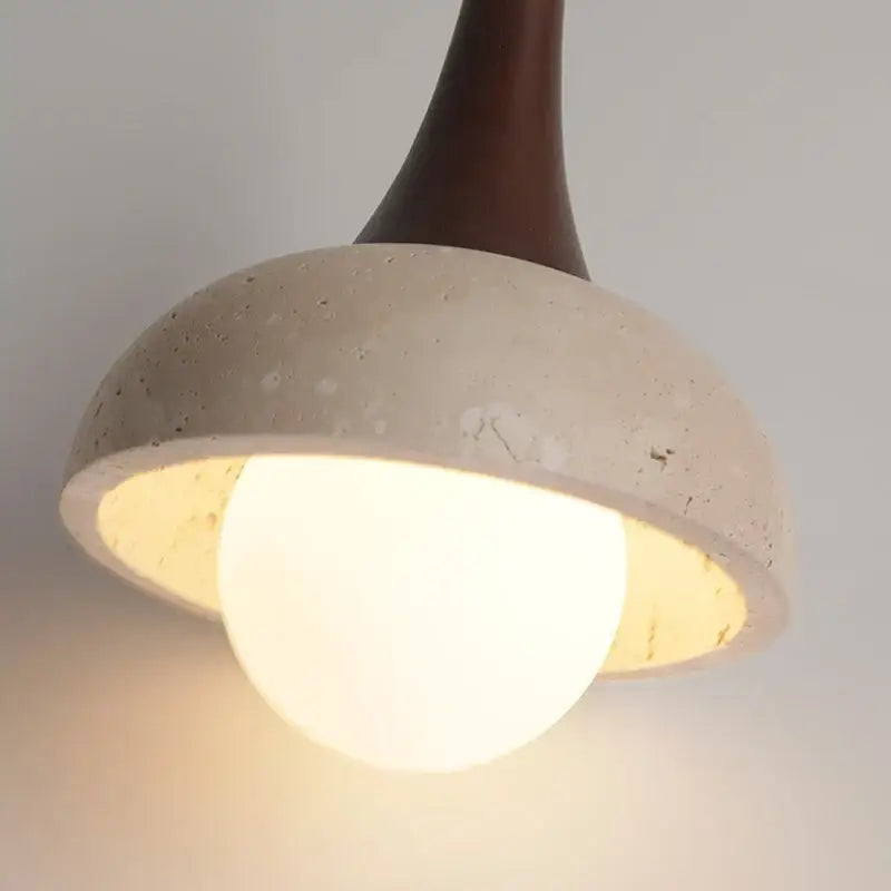 DecorBites led pendant lamp with matte beige concrete dome, dark wood stem, and warm white glass ball bulb