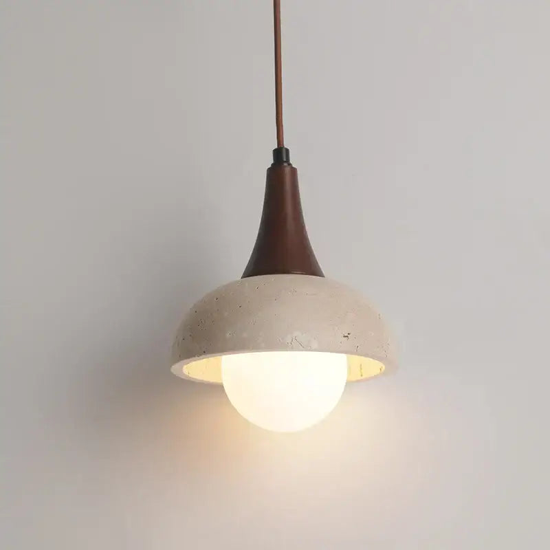 Minimalist decorbites led pendant lamp with matte beige concrete shade, dark brown wooden top, and exposed warm bulb