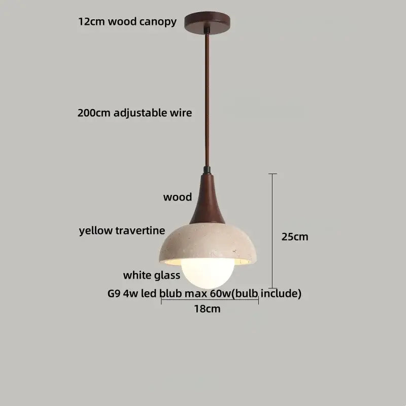 Decorbites led pendant lamp with yellow travertine shade white glass ball and 12cm wood canopy pendant lamp
