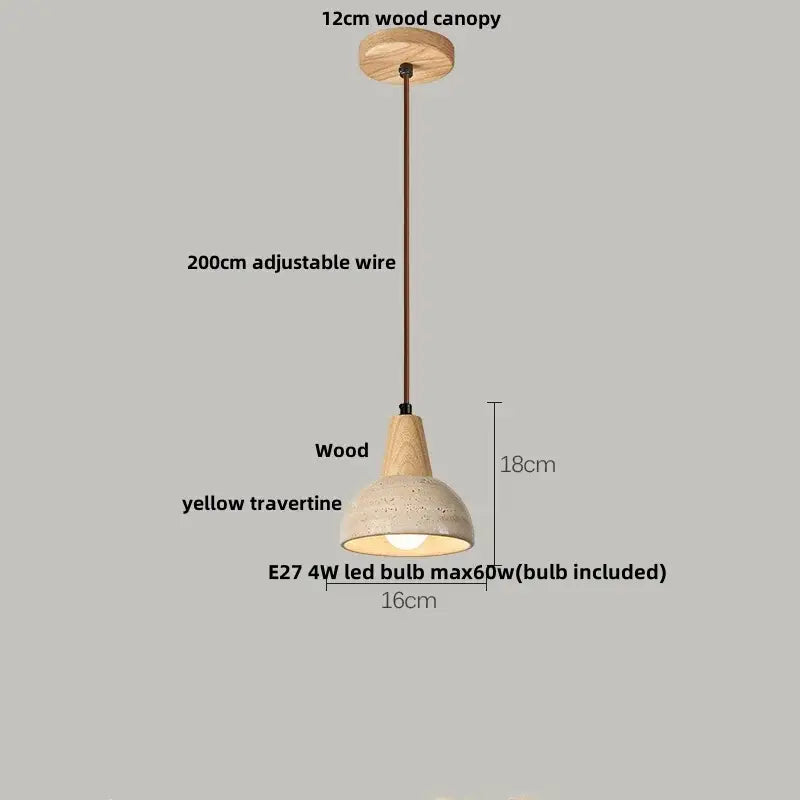 Decorbites led pendant lamp with 12cm wooden canopy and yellow travertine shade featuring wood accents