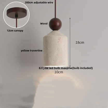 Modern decorbites led pendant lamp with yellow travertine body dark wood sphere and white glass ball shade hanging light
