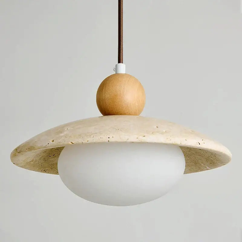 Minimalist decorbites led pendant lamp with warm wooden sphere, off-white travertine disc, and white glass globe