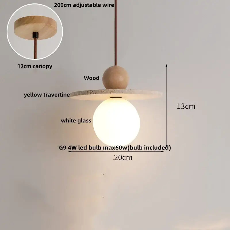Decorbites led pendant lamp with wooden sphere yellow travertine disc and white glass globe for modern lighting