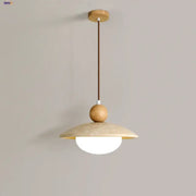 Decorbites led pendant lamp with matte beige glass dome shade, wooden ceiling mount, and adjustable brown cord
