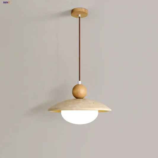 Decorbites led pendant lamp with matte beige glass dome shade, wooden ceiling mount, and adjustable brown cord