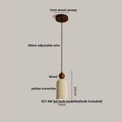 Minimalist DecorBites led pendant lamp with a yellow travertine shade, wooden canopy, and adjustable 200cm wire