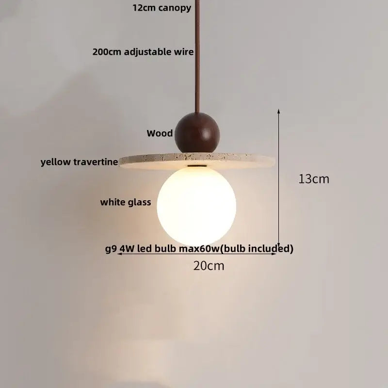 A decorbites led pendant lamp with a dark wood sphere yellow travertine disc and glowing white glass globe