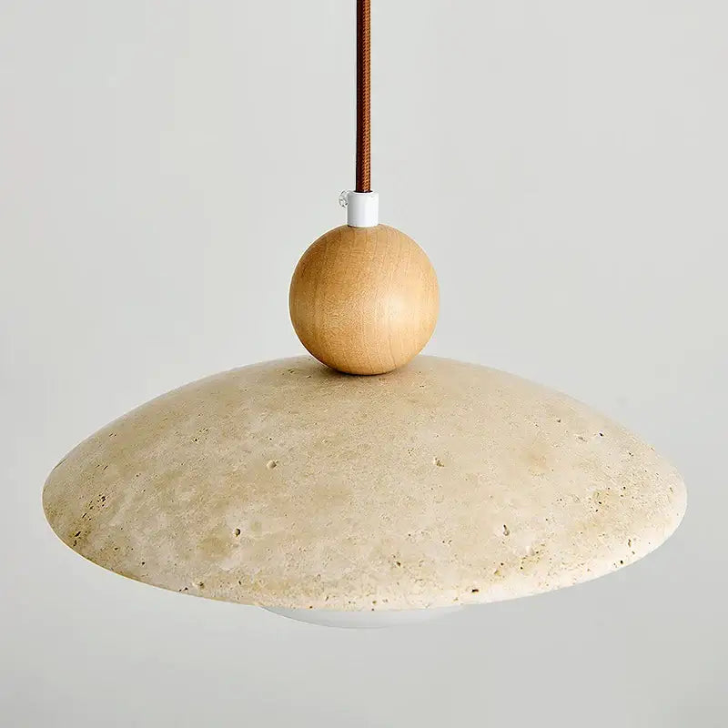 Minimalist decorbites led pendant lamp with beige travertine shade and natural wood sphere for stylish lighting