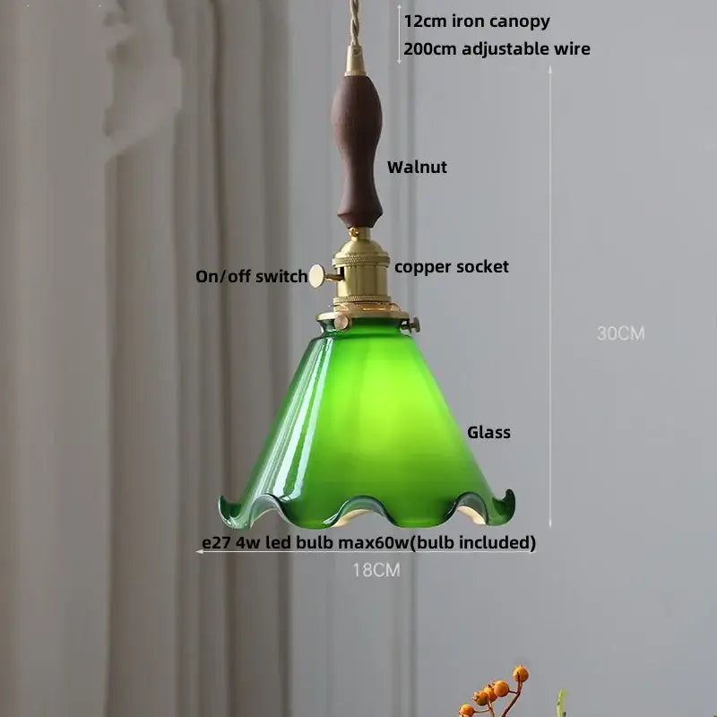 Green glass pendant lamp with walnut-finished iron canopy and brass accents for decorbites led pendant lamp