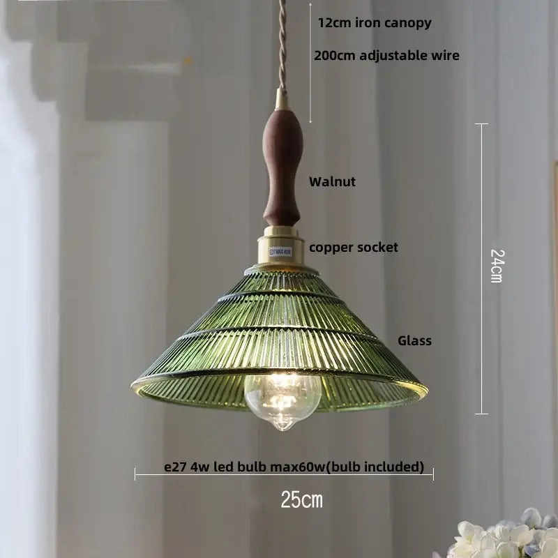 Green ribbed glass pendant lamp with walnut iron canopy copper socket by DecorBites LED pendant lamp