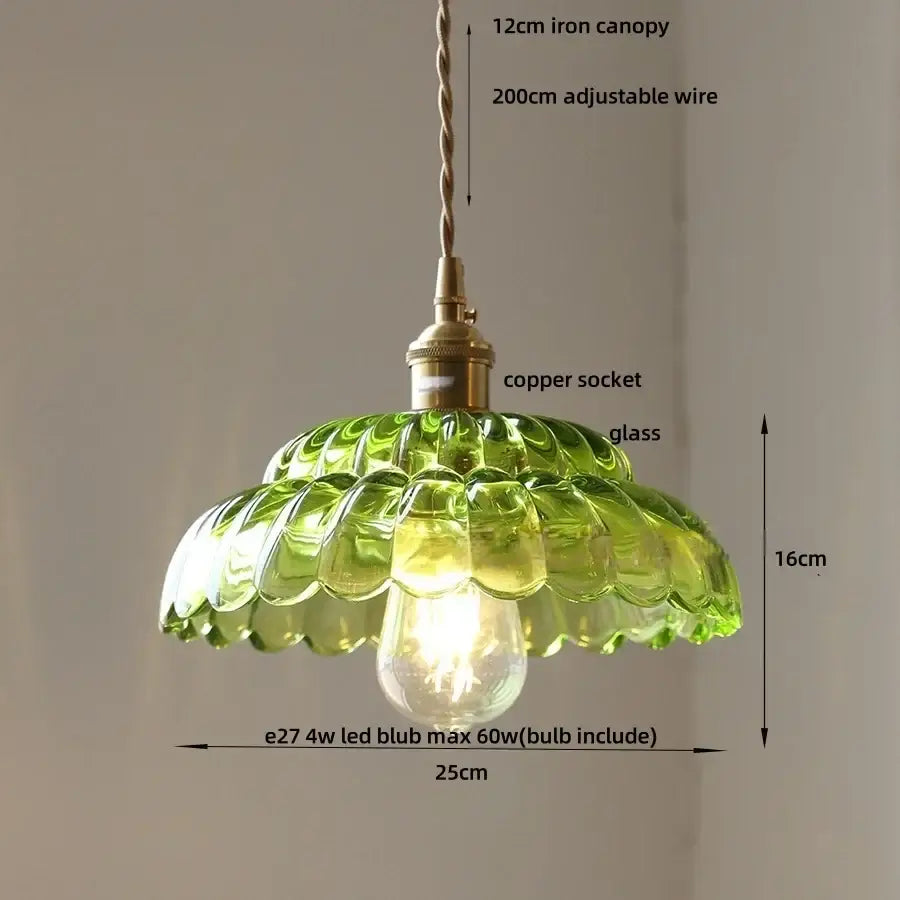 Green glass decorbites led pendant lamp with scalloped petal design, brass accents, copper socket, and walnut wood details