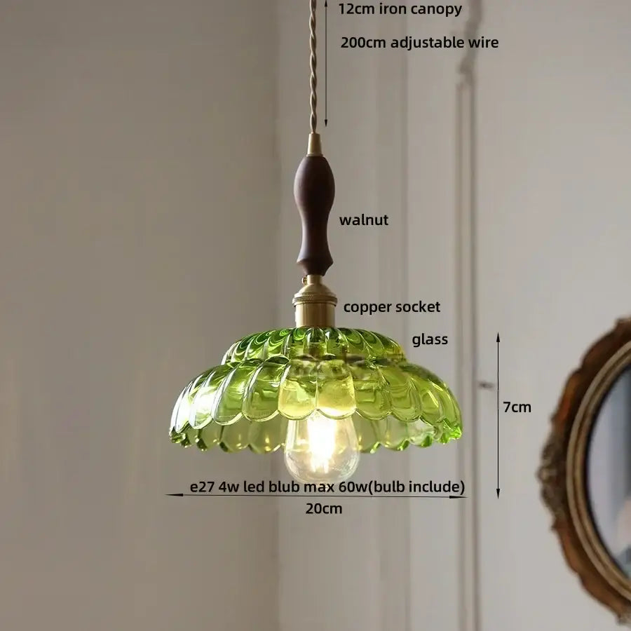 Green glass pendant lamp with walnut wood iron canopy and copper socket by DecorBites led pendant lamp