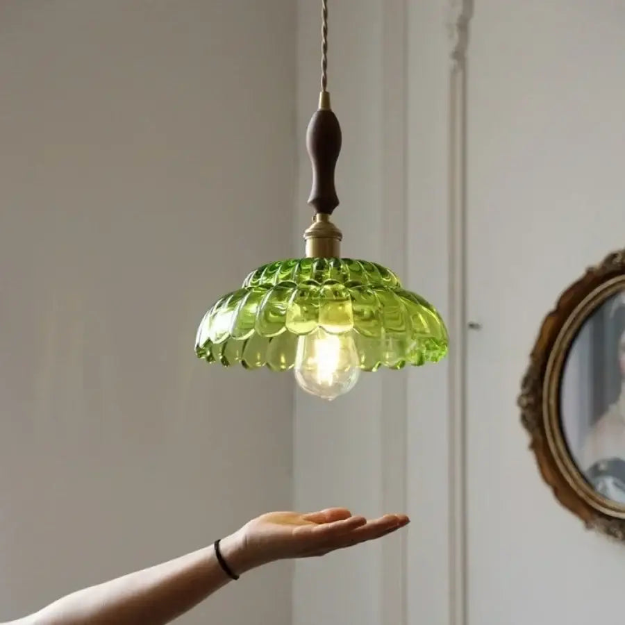 Decorbites led pendant lamp with green glass scalloped shade and walnut wood stem for elegant lighting decor